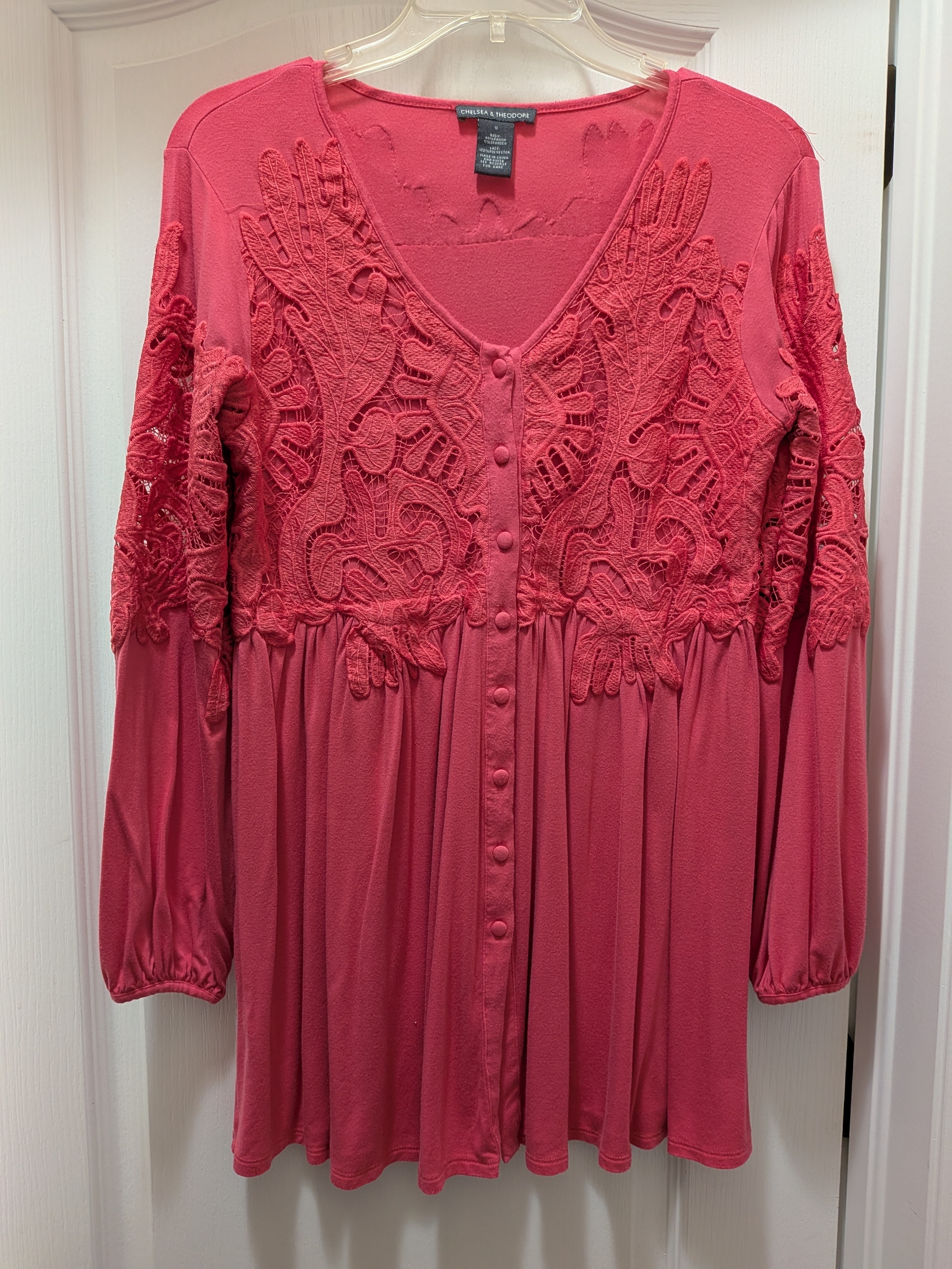 Dark Rose Crochet Button-Front And Sleeves Blouse